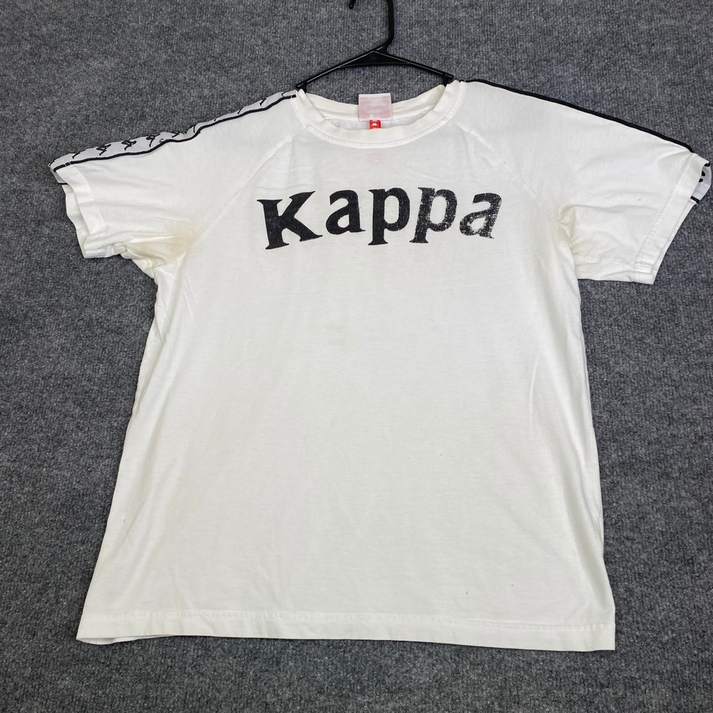 Kappa Mens Logo Tape T-Shirt White Distressed Graphic Raglan Sleeve Medium